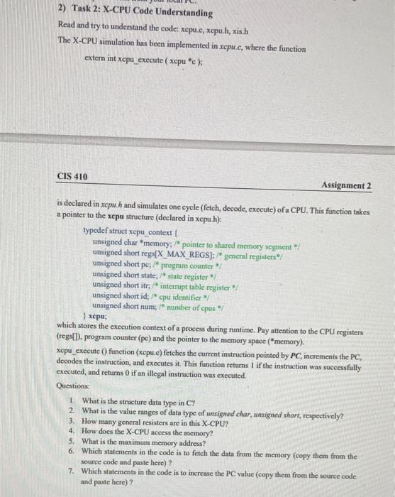 Solved 2) Task 2: X-CPU Code Understanding Read and try to | Chegg.com