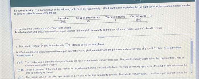 Solved Yield To Maturity The Bond Shown In The Following | Chegg.com ...