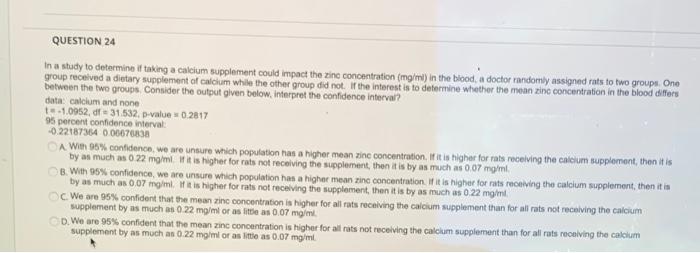 Solved QUESTION 24 In a study to determine if taking a | Chegg.com