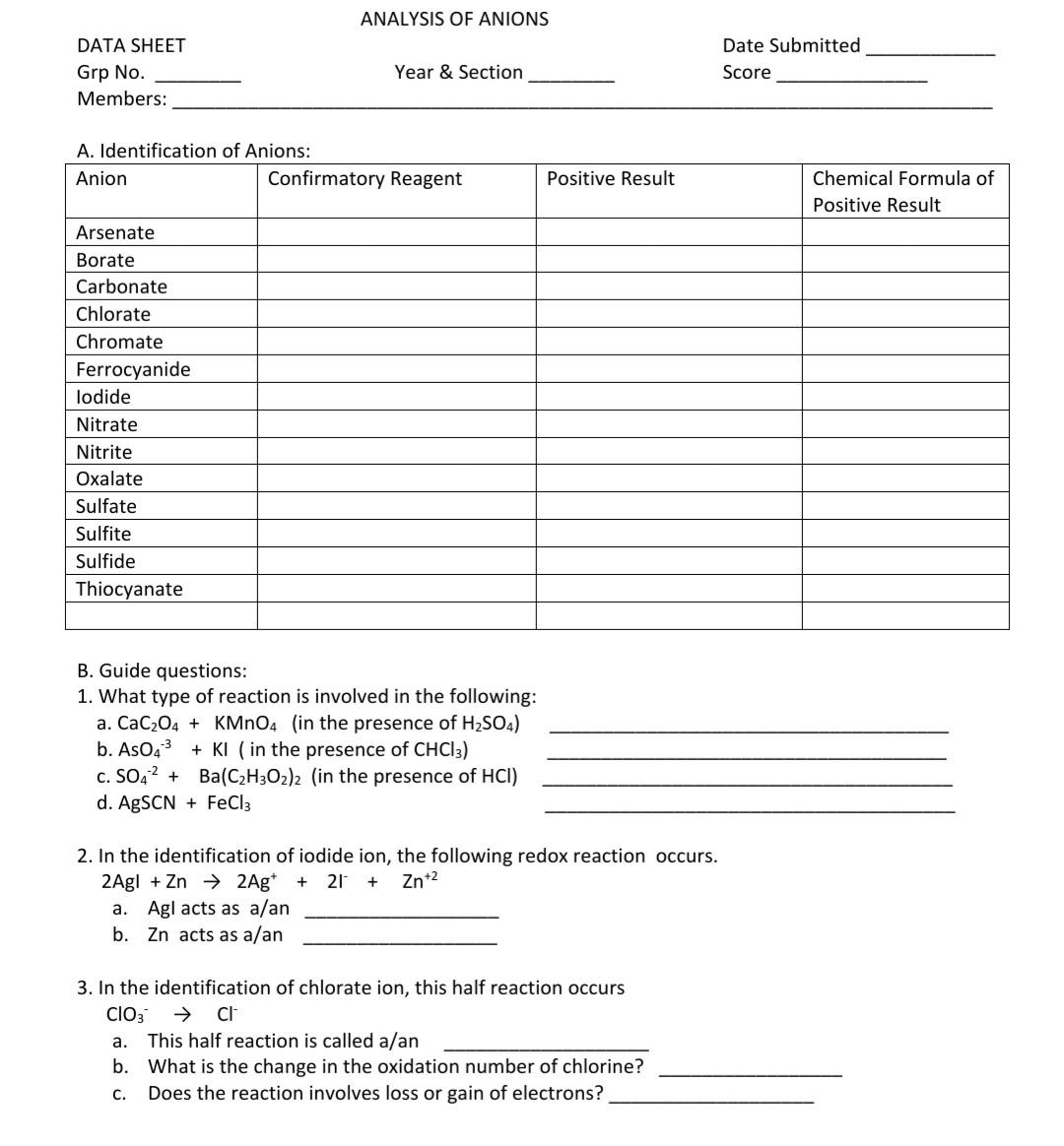 Solved ANALYSIS OF ANIONS DATA SHEET Grp No. Members: Date | Chegg.com