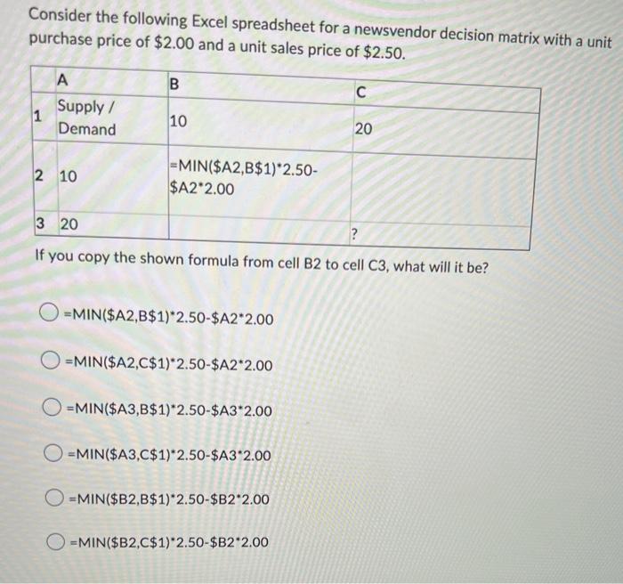 Solved Consider The Following Excel Spreadsheet For A | Chegg.com