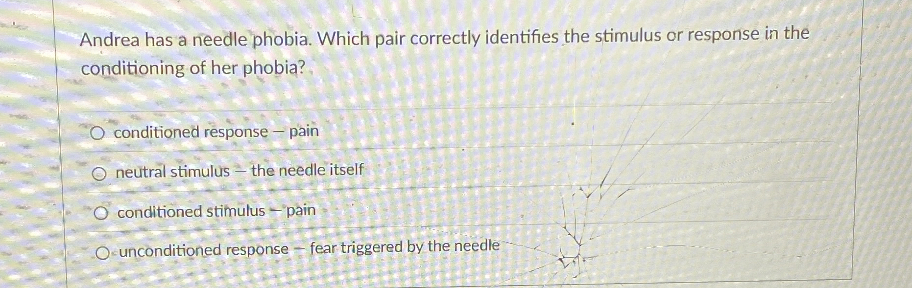 Solved Andrea has a needle phobia. Which pair correctly
