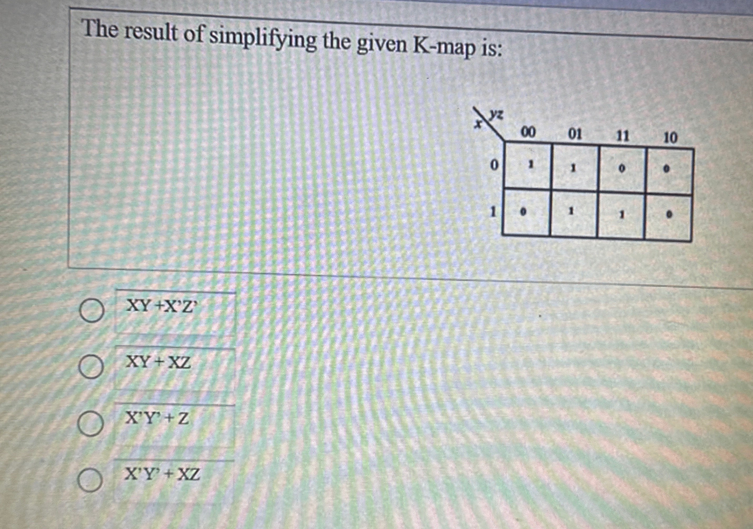 Solved The result of simplifying the given K-map is: | Chegg.com