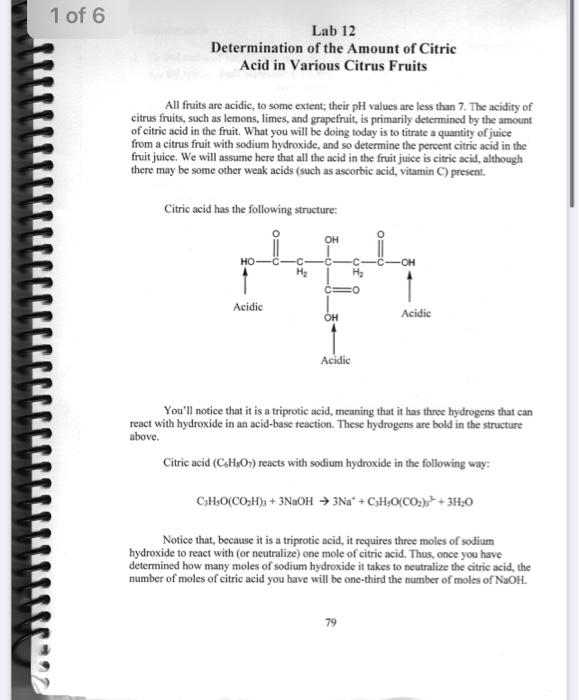 Solved 1 Of 6 Lab 12 Determination Of The Amount Of Citric | Chegg.com