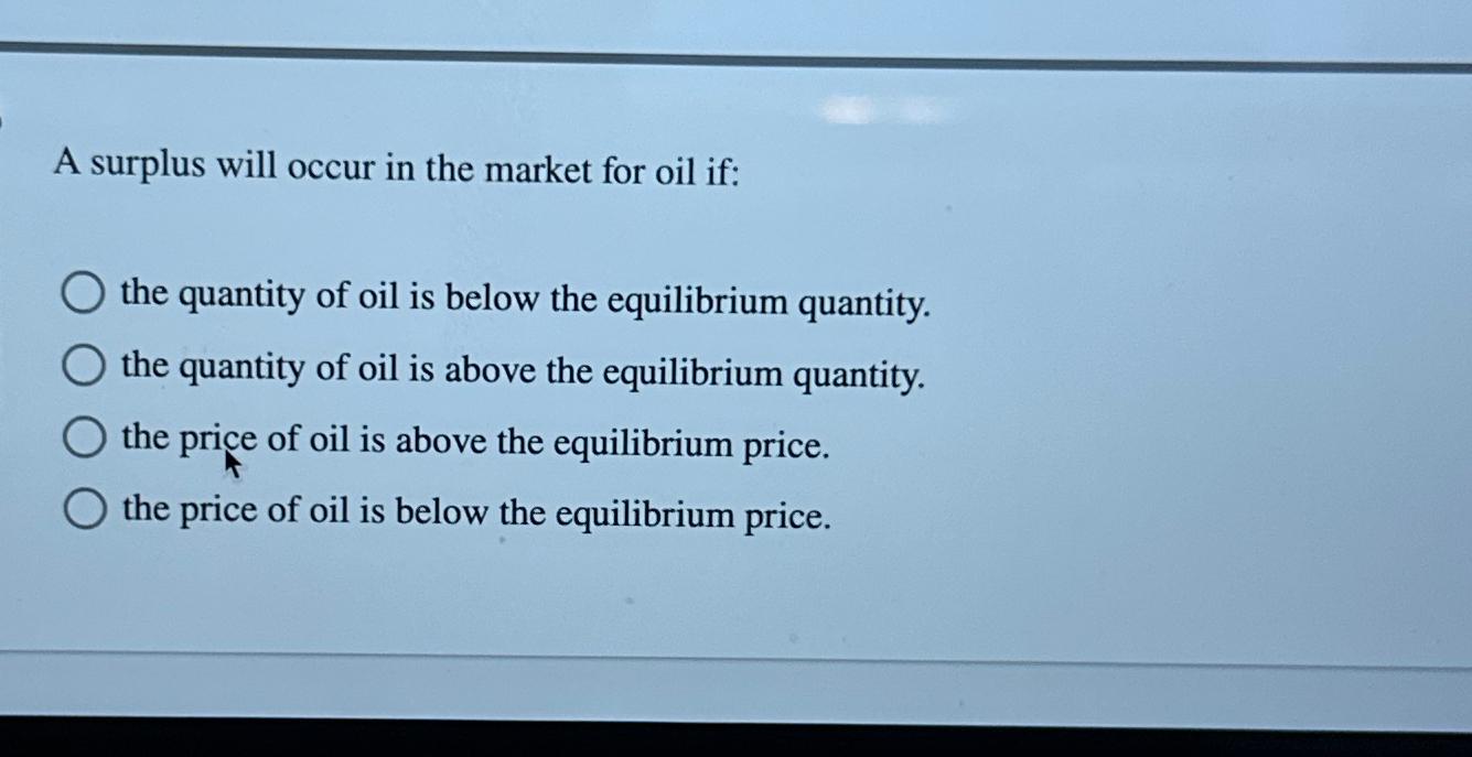 Solved A surplus will occur in the market for oil if:the | Chegg.com