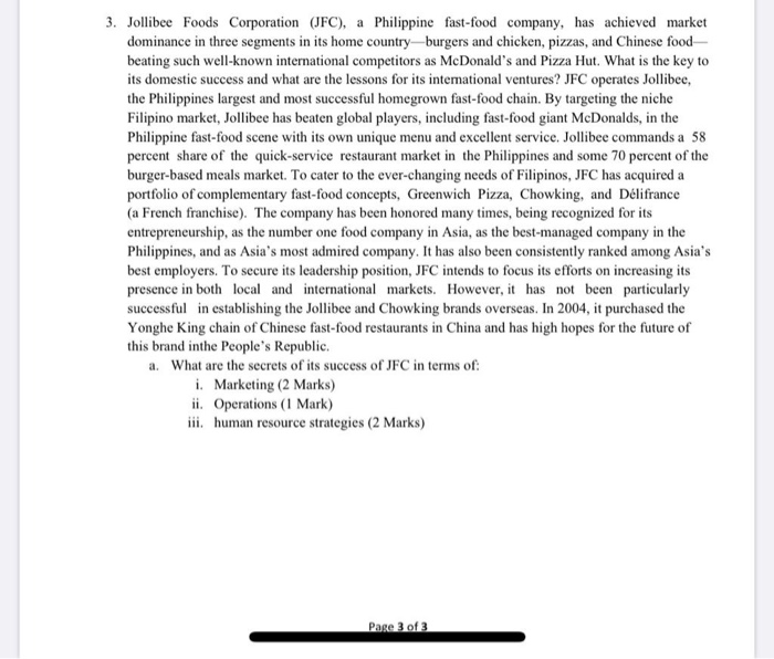 Solved 3. Jollibee Foods Corporation (JFC), a Philippine