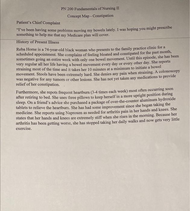 PN 200 Fundamentals of Nursing II Concept Map - Constipation
Patients Chief Complaint
Ive been having some problems moving