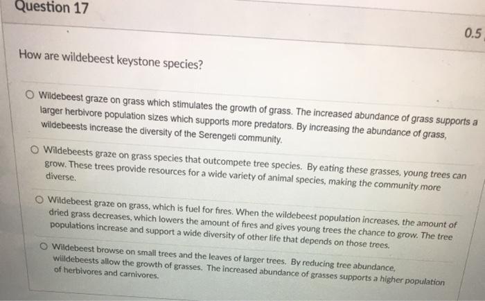 Solved Question 17 0.5 How are wildebeest keystone species? | Chegg.com