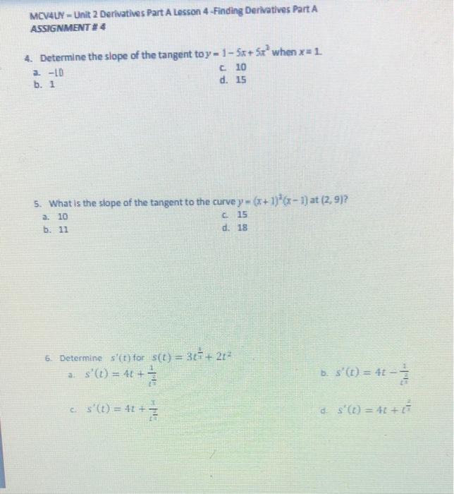 Solved MCV4UW = Unit 2 Derivatives Part A Lesson 4 -Finding | Chegg.com