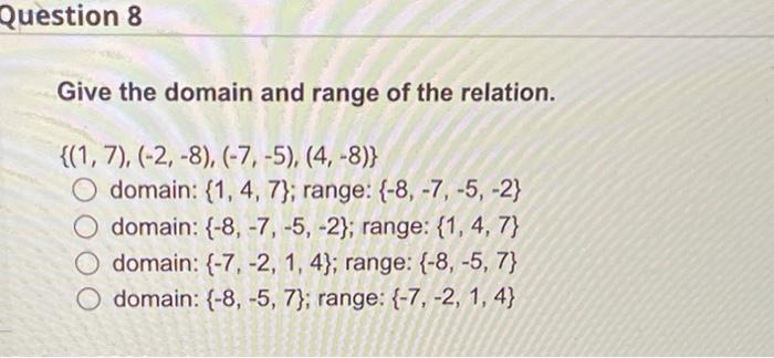 Solved Question 8 Give the domain and range of the relation. | Chegg.com