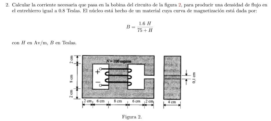 2. Calcular la corriente necesaria que pasa en la bobina del circuito de la figura 2, para producir una densidad de flujo en