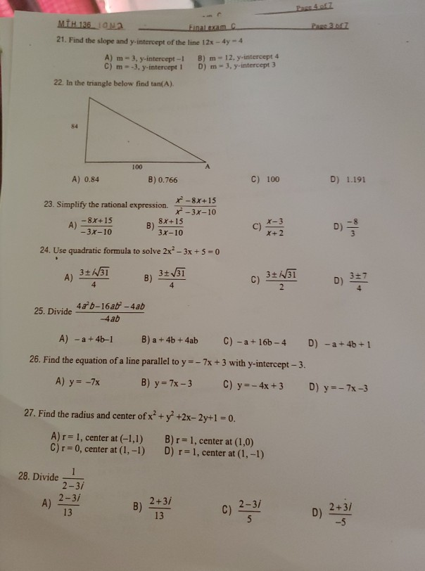 Mth 1360 Finalem 21 Find The Slope And Y Intercept Chegg 
