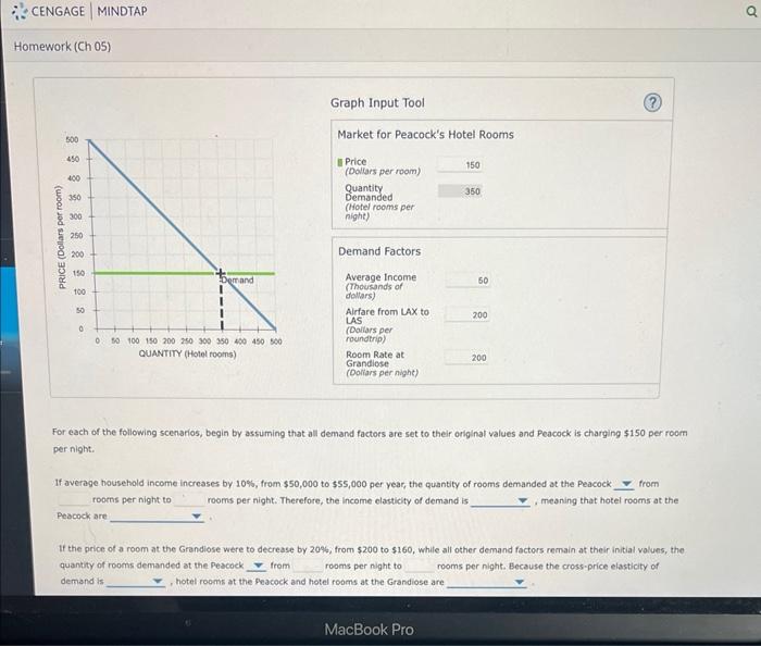 Graph Input Tool
Market for Peacocks Hotel Rooms
Price
(Dollars per room)
Quantity
Demanded
(Hotel rooms per
night)
Demand F