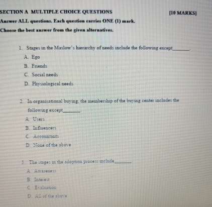 Solved SECTION A MULTIPLE CHOICE QUESTIONS[10 ﻿MARKS]Answer | Chegg.com