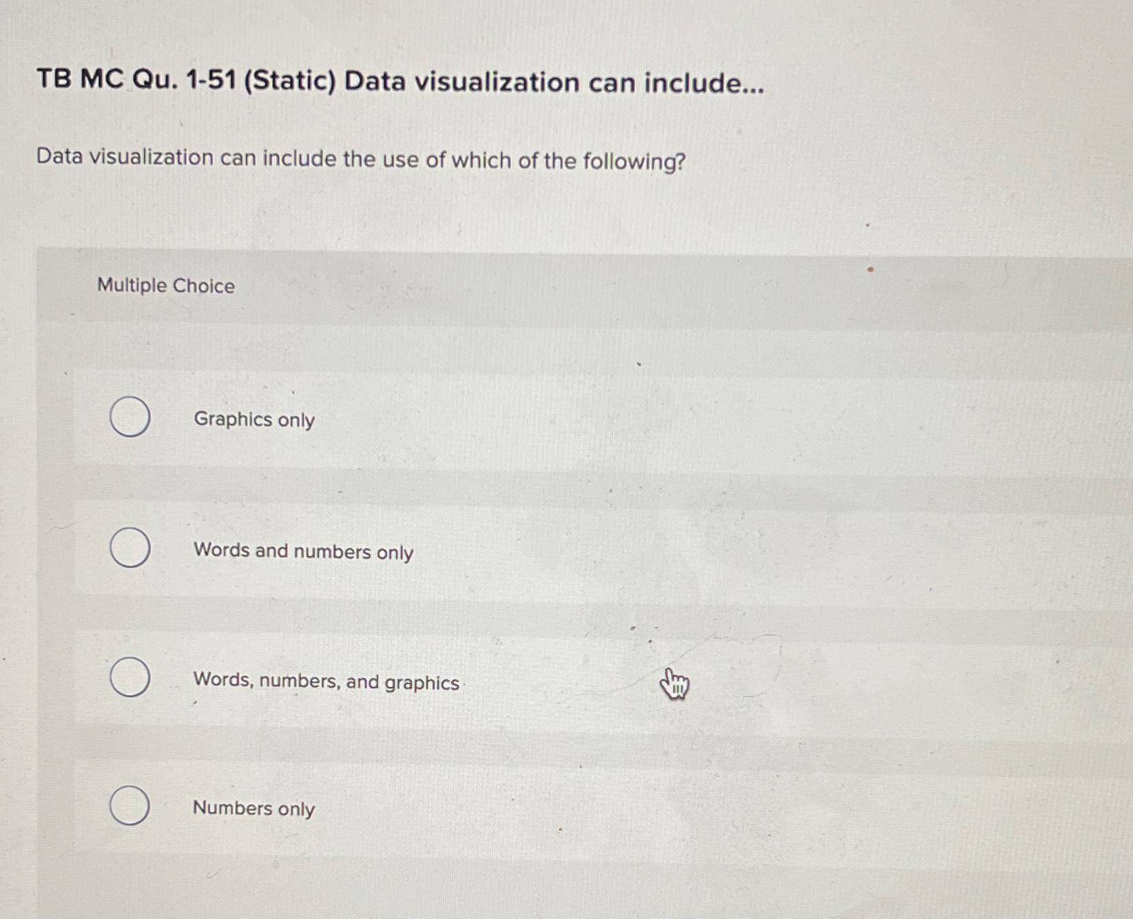 Solved TB MC Qu. 1-51 (Static) ﻿Data Visualization Can | Chegg.com