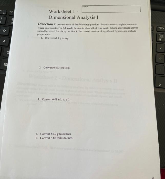 Solved Name F1 F2 ! G 1 2 Worksheet 1 Dimensional Analysis I | Chegg.com