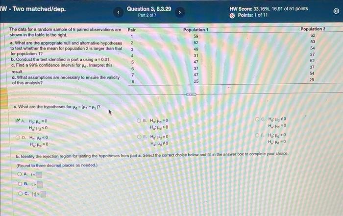 Solved The data for a random sample of 8 paired observations | Chegg.com