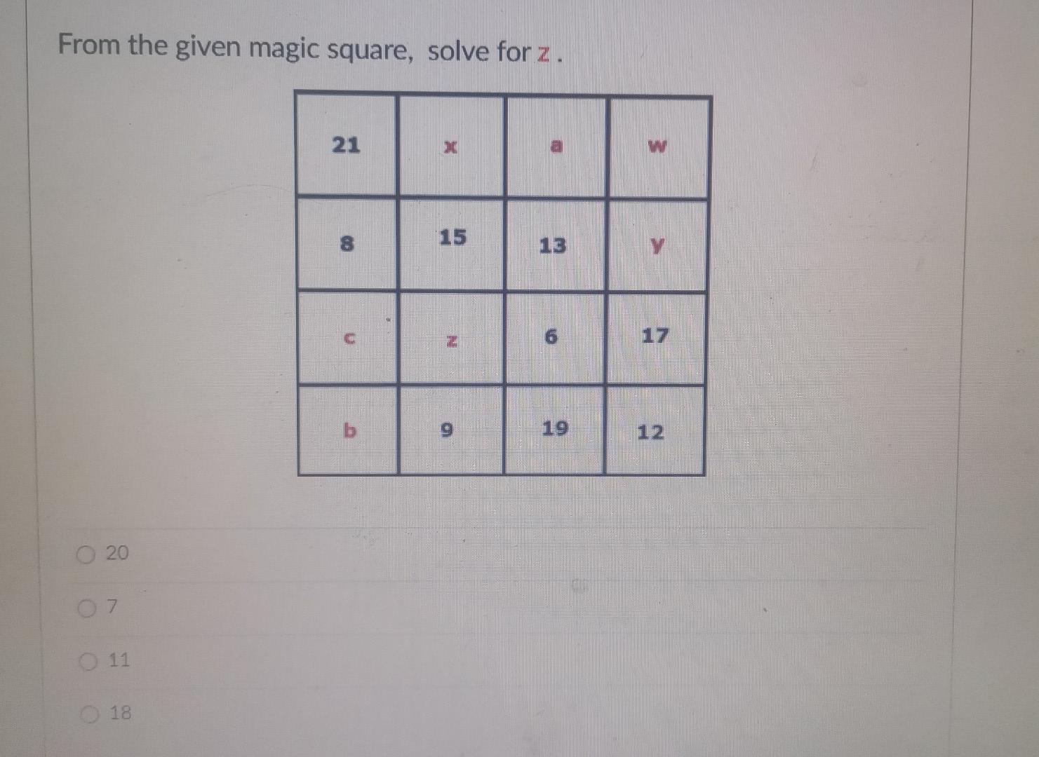 Solved From the given magic square, solve for z. 21 w 8 15 | Chegg.com