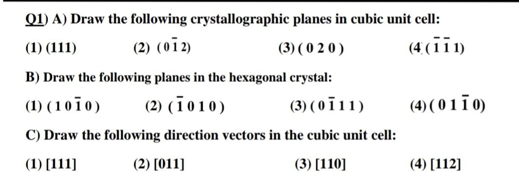 Solved Q1) A) Draw the following crystallographic planes in | Chegg.com