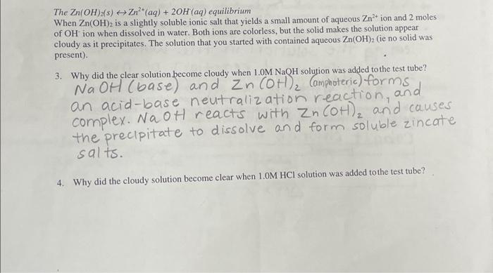 Solved 2+ The Zn(OH)2(s) Zn²+ (aq) + 2OH(aq) equilibrium | Chegg.com