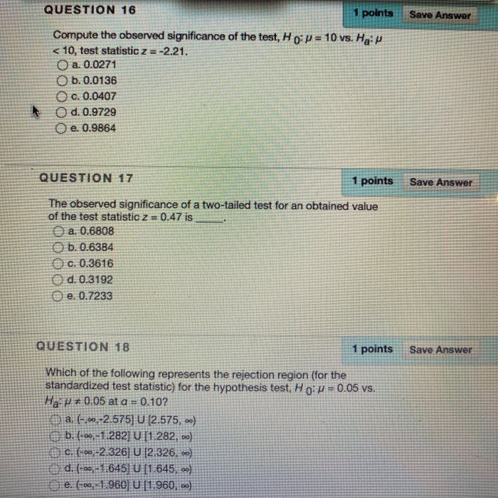 Solved Save Answer QUESTION 16 1 points Compute the observed | Chegg.com
