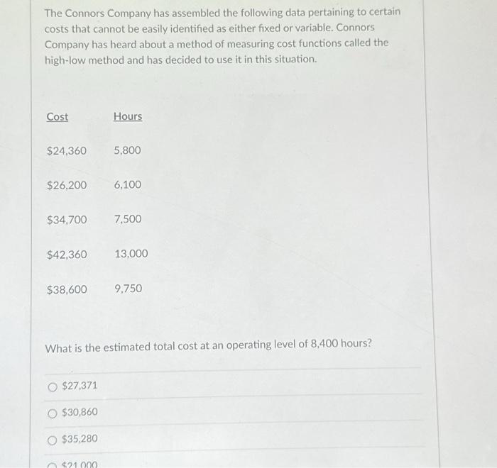 Solved The Connors Company has assembled the following data | Chegg.com