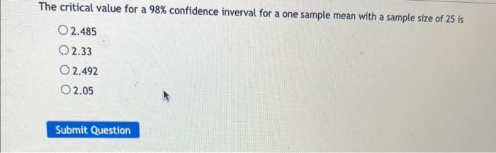 Solved The critical value for a 98% confidence inverval for | Chegg.com