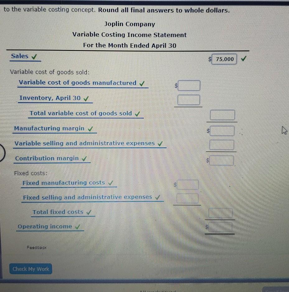 Joplin Company Absorption Costing Statement