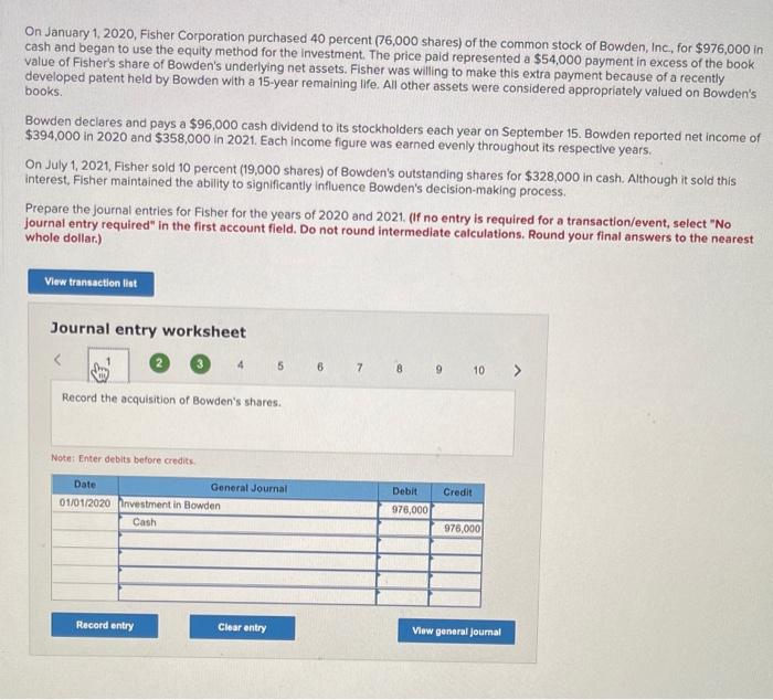 Solved On January 1, 2020, Fisher Corporation purchased 40