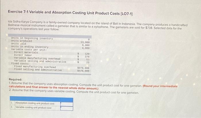 Solved Exercise 7-1 Variable And Absorption Costing Unit | Chegg.com