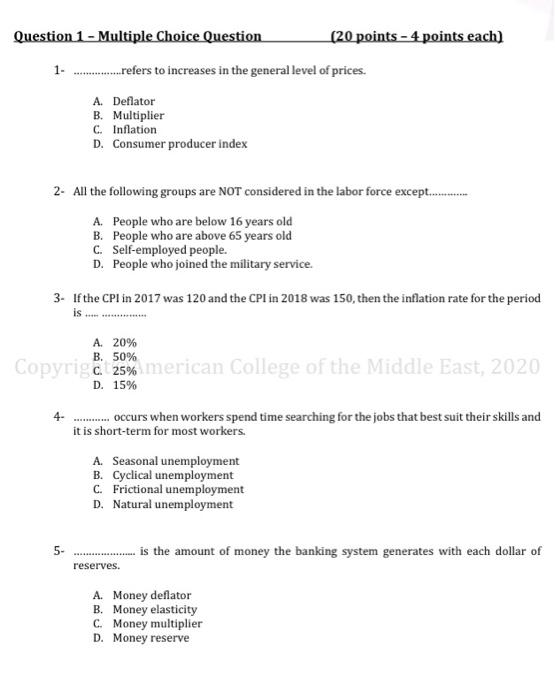 Solved Question 1 - Multiple Choice Question (20 points - 4 | Chegg.com
