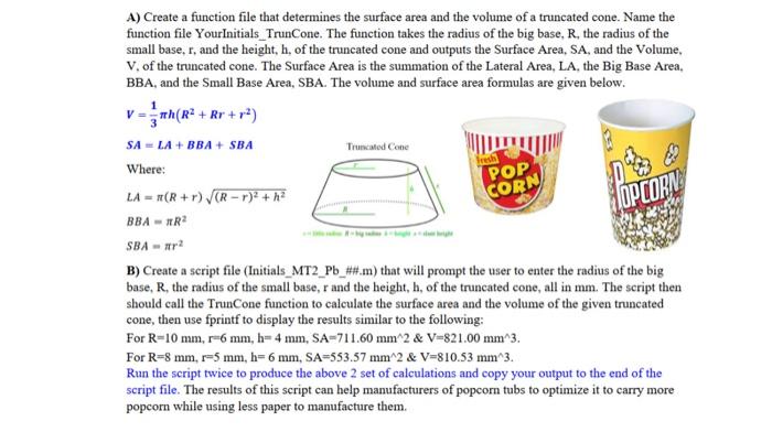 Solved A) Create a function file that determines the surface | Chegg.com