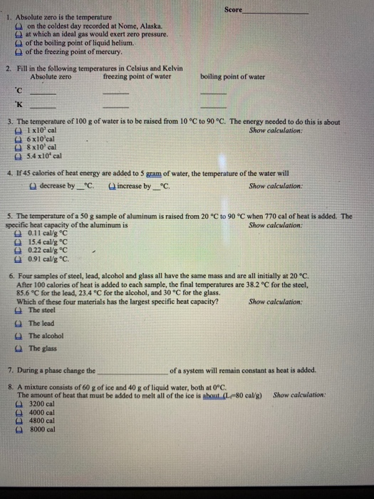 Solved Score 1 Absolute Zero Is The Temperature On The C Chegg Com