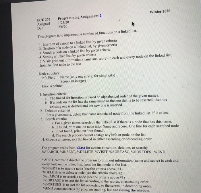 Solved Winter 2020 ECE 370 Assigned Programming Assignment 2 | Chegg.com