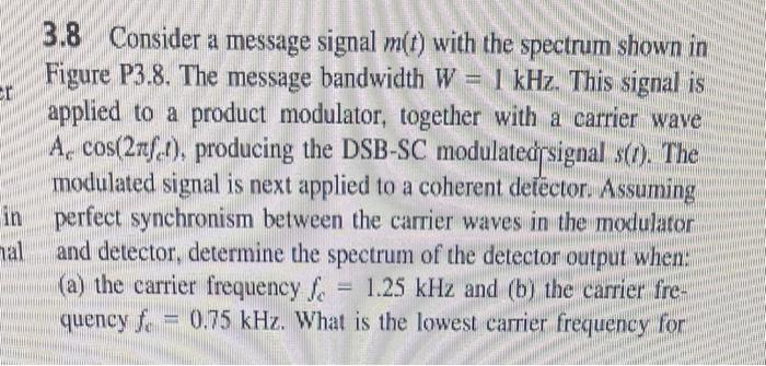 Solved 3.8 Consider a message signal m(t) with the spectrum | Chegg.com