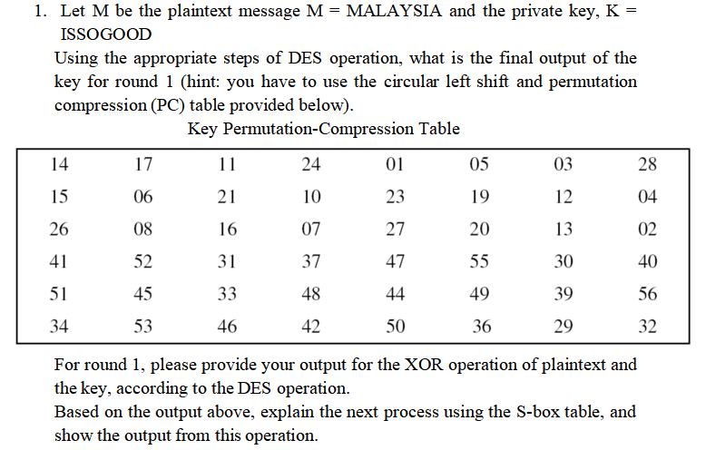 Solved 1. Let M be the plaintext message M = MALAYSIA and | Chegg.com