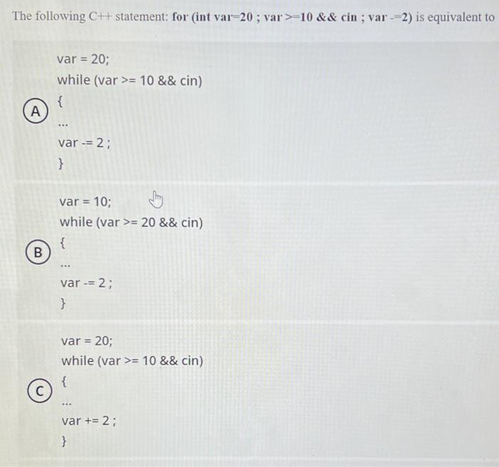 Solved The following CH statement: for (int var=20; var >-10 | Chegg.com