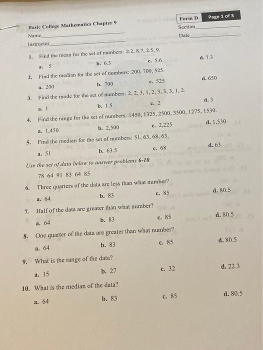 Solved Page 1 of 3 Basic College Mathematics Chapter 9 Name | Chegg.com