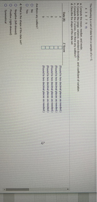 Solved The following is a set of data from a sample of n = | Chegg.com