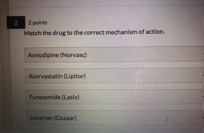 2 2 points Match the drug to the correct mechanism of action. Amlodipine (Norvasc) Atorvastatin (Lipitor) Furosemide (Lasix)