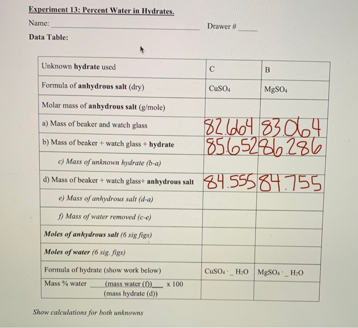 Solved Experiment 13 Percent Water in Hydrates, Name