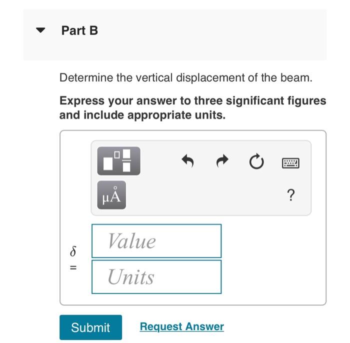 Determine the vertical displacement of the beam.
Express your answer to three significant figures and include appropriate uni