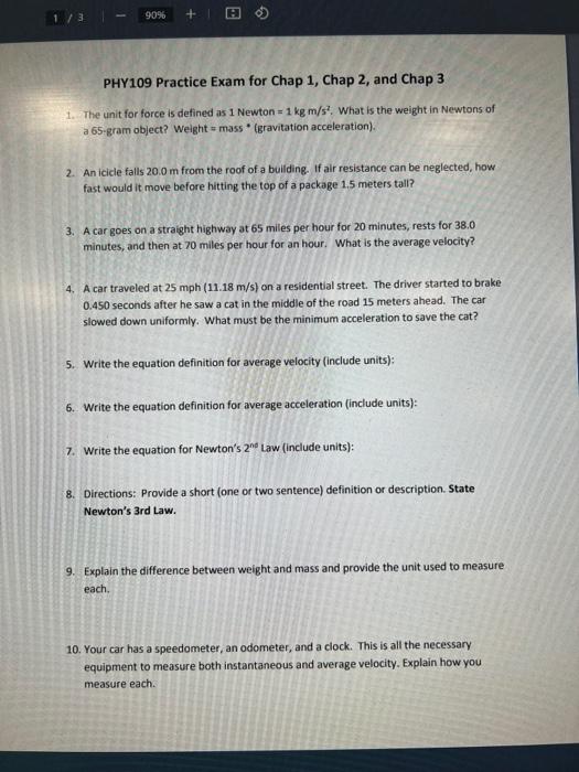 Solved PHY109 Practice Exam for Chap 1, Chap 2, and Chap 3 | Chegg.com