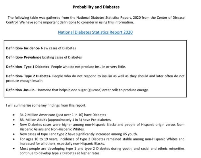 Probability And Diabetes The Following Table Was | Chegg.com