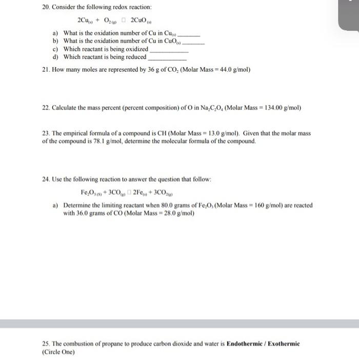 Solved 20. Consider the following redox reaction: 204, + | Chegg.com