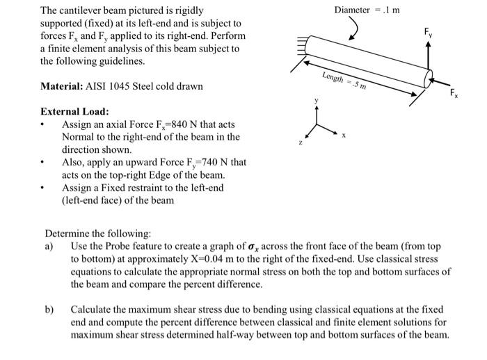 The cantilever beam pictured is rigidly supported (fixed) at its left-end and is subject to forces \( F_{x} \) and \( F_{y} \