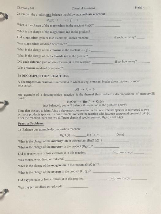 Solved Prelab 4 Chemistry 108 Chemical Reactions PreLab 4