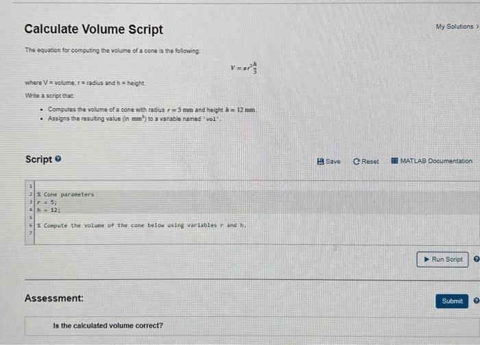 Solved Calculate Volume Script My Solutions ? The equation | Chegg.com