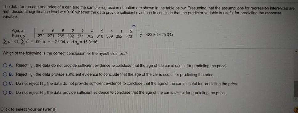 Solved The data for the age and price of a car, and the | Chegg.com