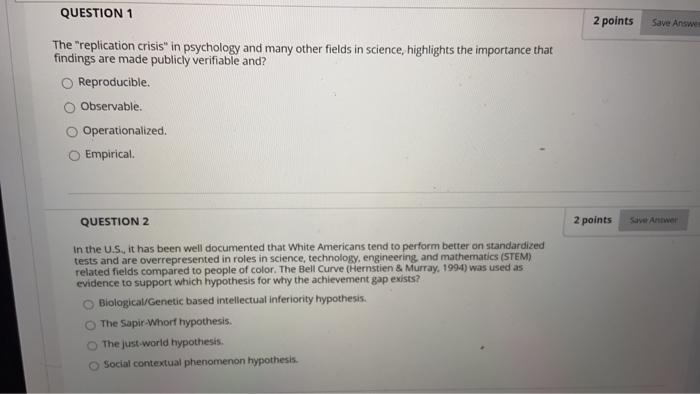 Solved 2 points Save Answe QUESTION 1 The "replication | Chegg.com